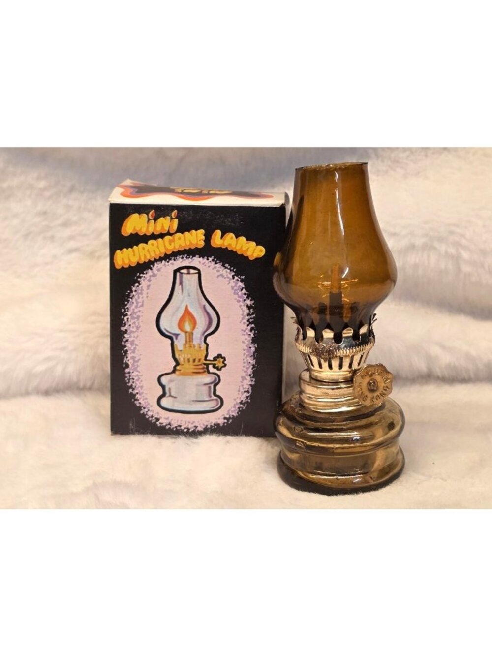Vintage Mini 4" Retro Amber Glass Hurricane Lamp w Box Smalls Knick Knacks